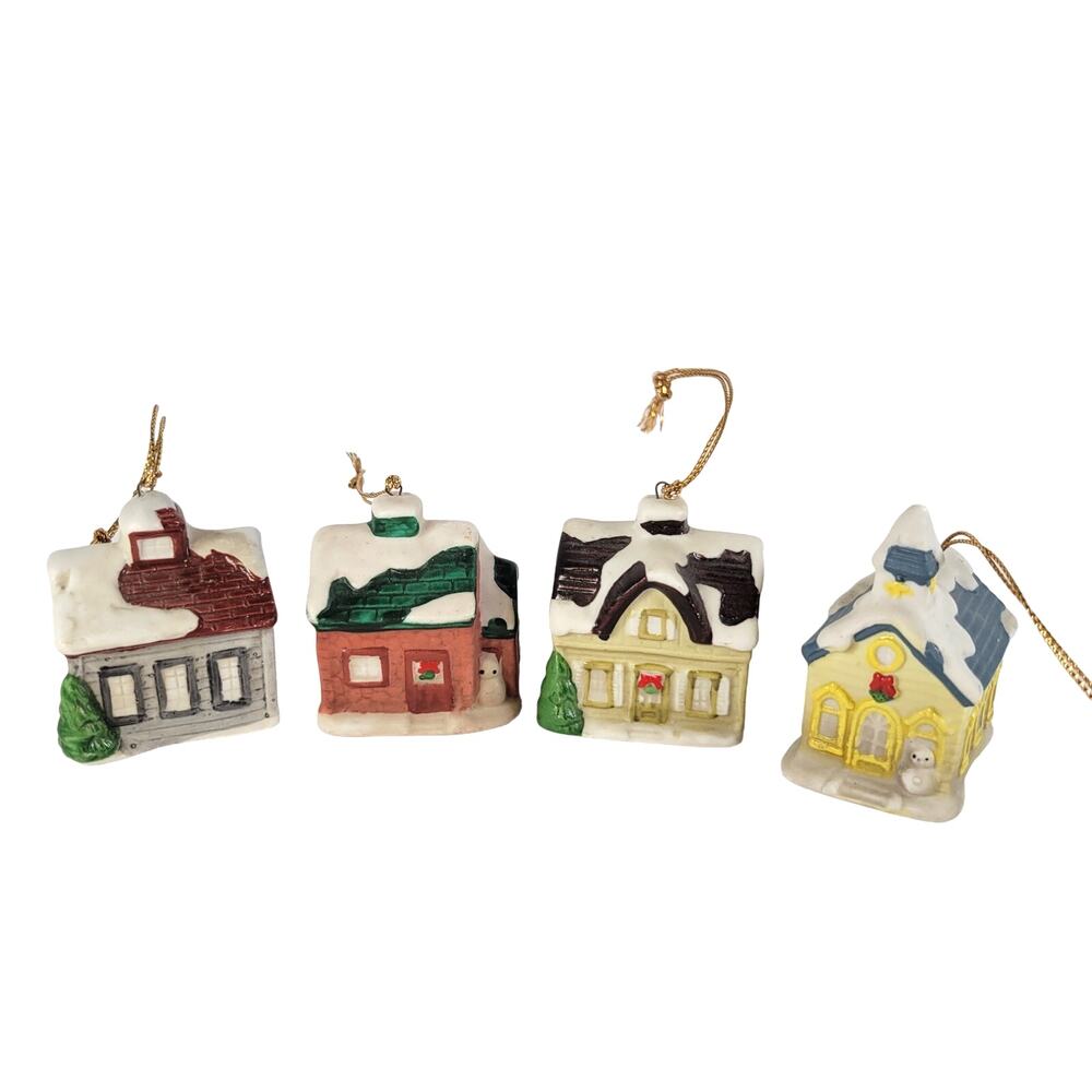 Set of 4 HOMCO Ceramic Christmas Miniature House Church Ornaments Vintage Decor
